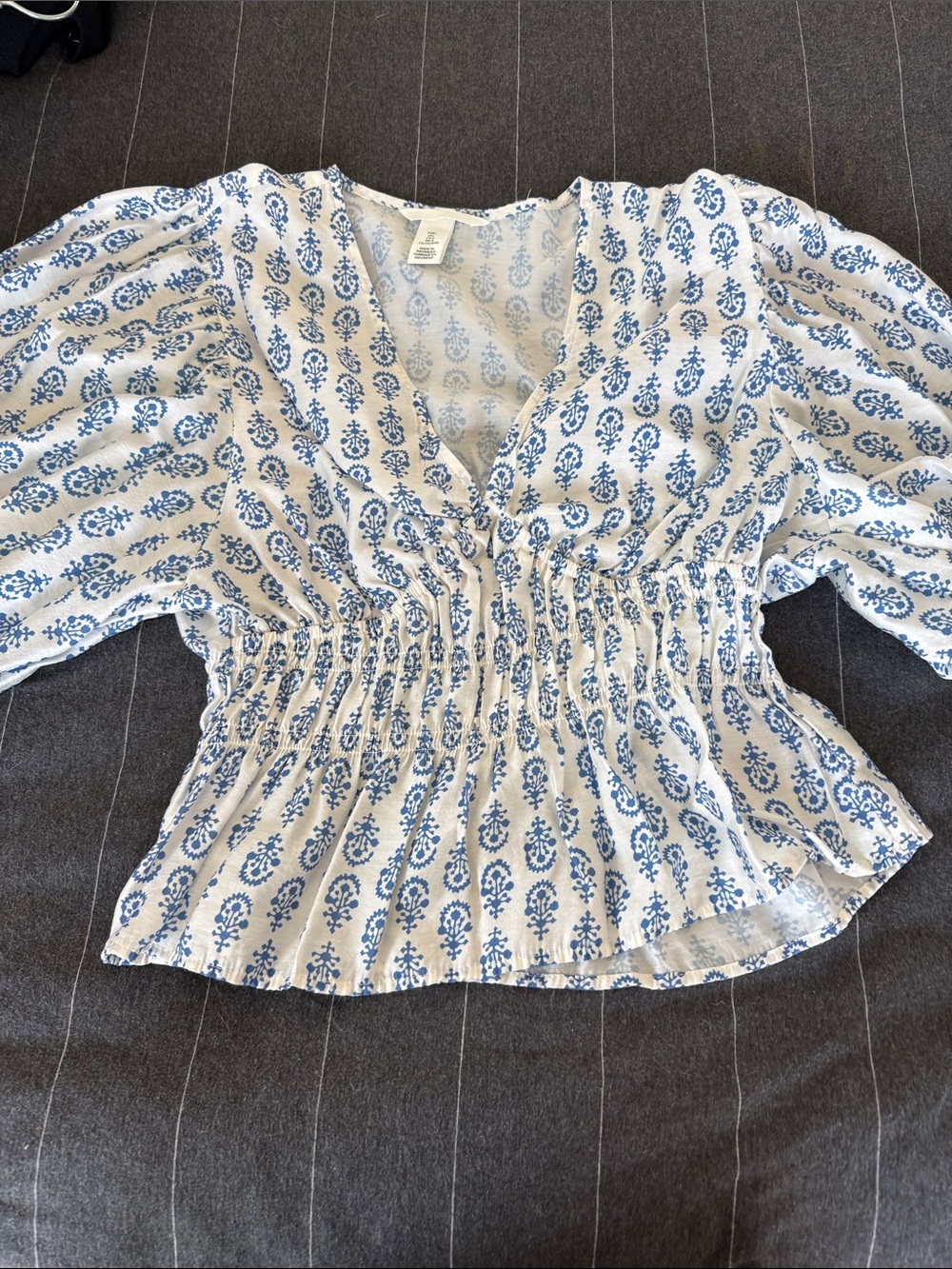 H&M Blue & White Smocked V-Neck Women's Top